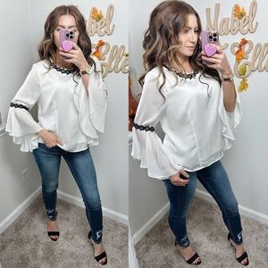 Nanette Lepore queen bee white laced bell sleeve top size Large